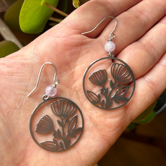 Handmade Amethyst and Floral Stainless Steel Earrings - 1.5” Drop - New - Picture 2 of 2